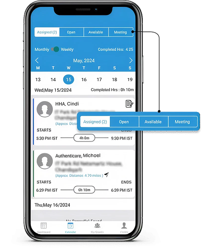 Caregiver shift status and calendar updates