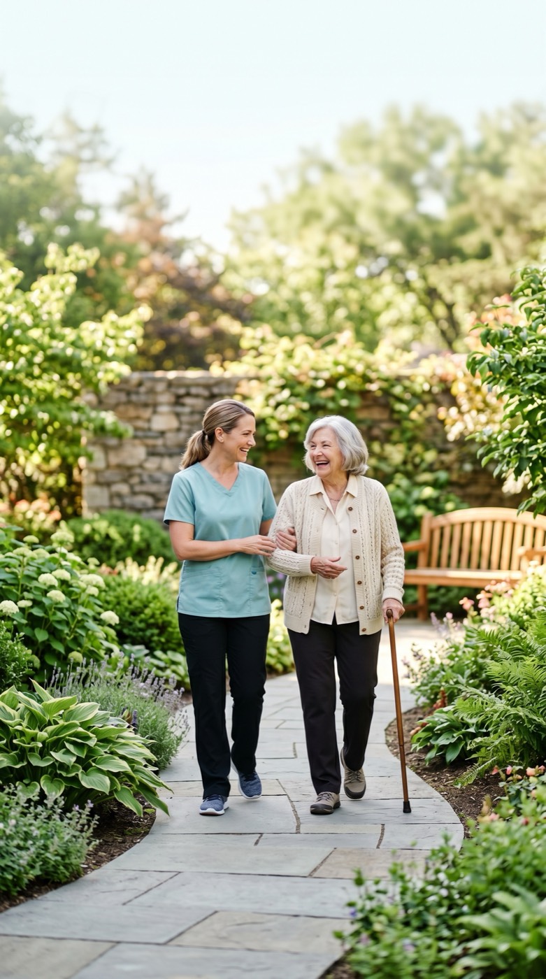 A caregiver walking arm in arm with an older woman along a garden path