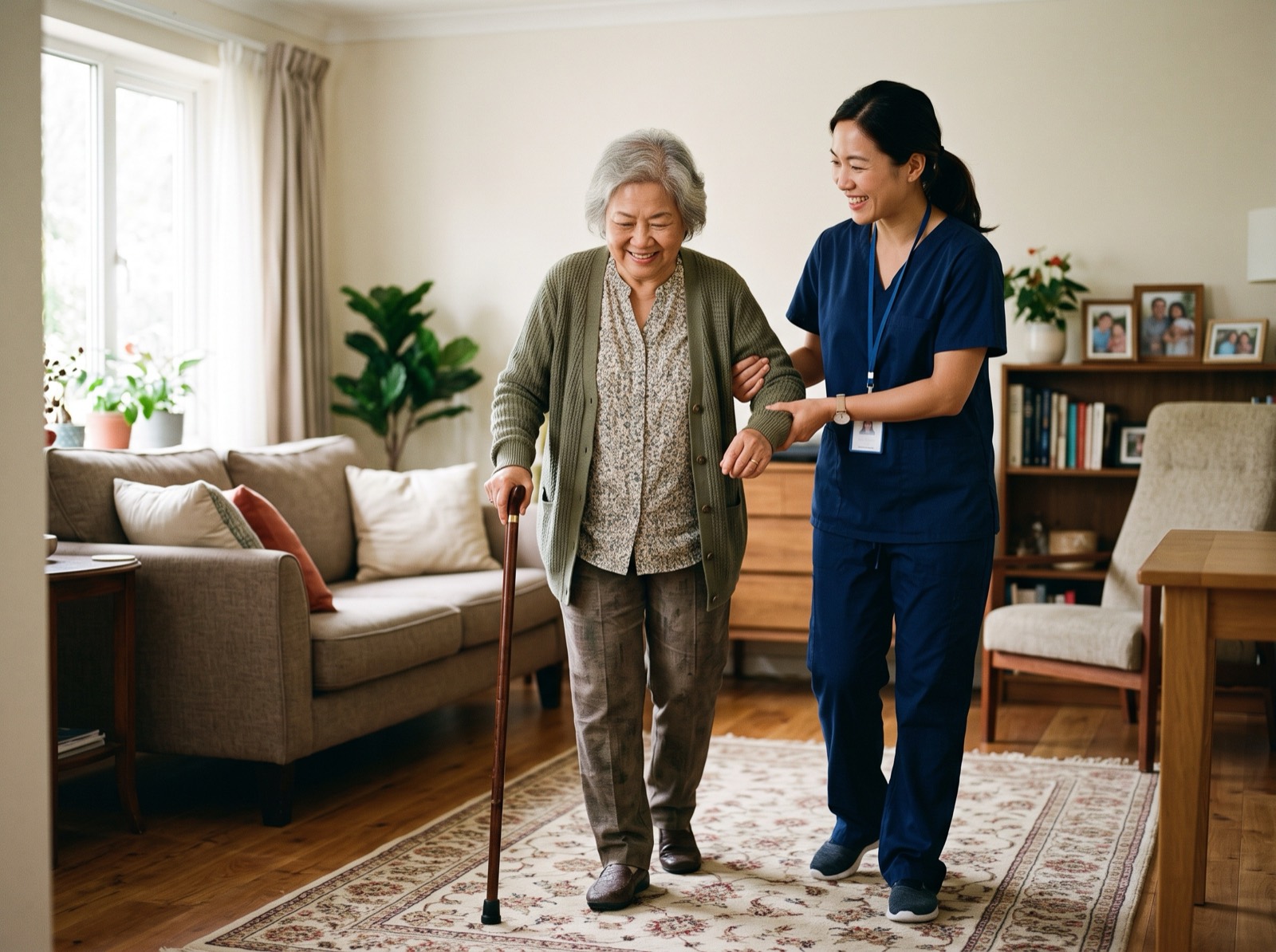 A caregiver helping an older woman with a cane walk across her living room